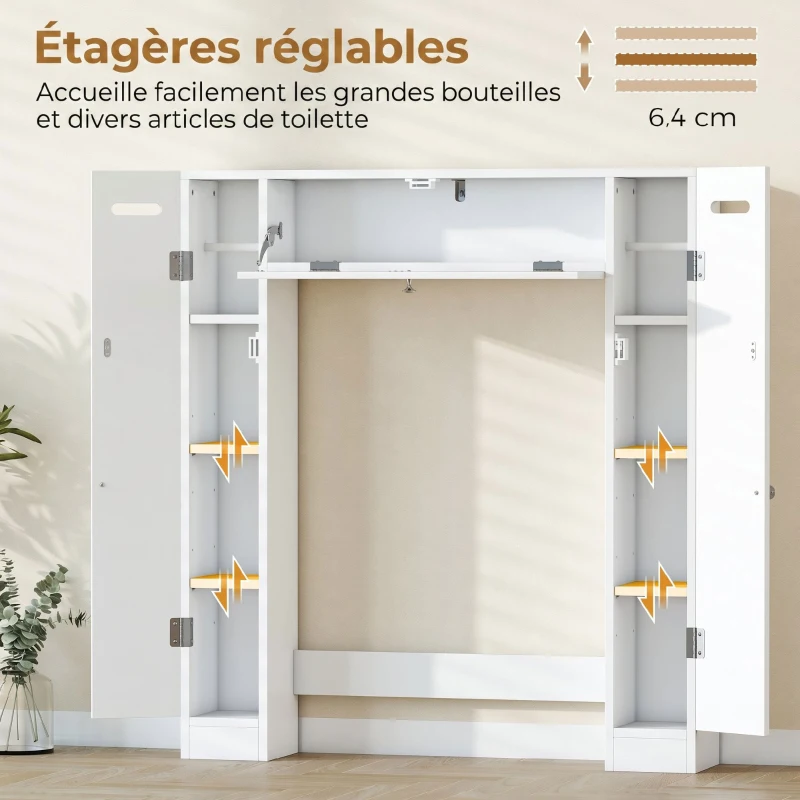 HOMCOM Meuble WC dessus de toilette avec 2 placards, tiroir basculant, porte-papier et étagères réglables, blanc