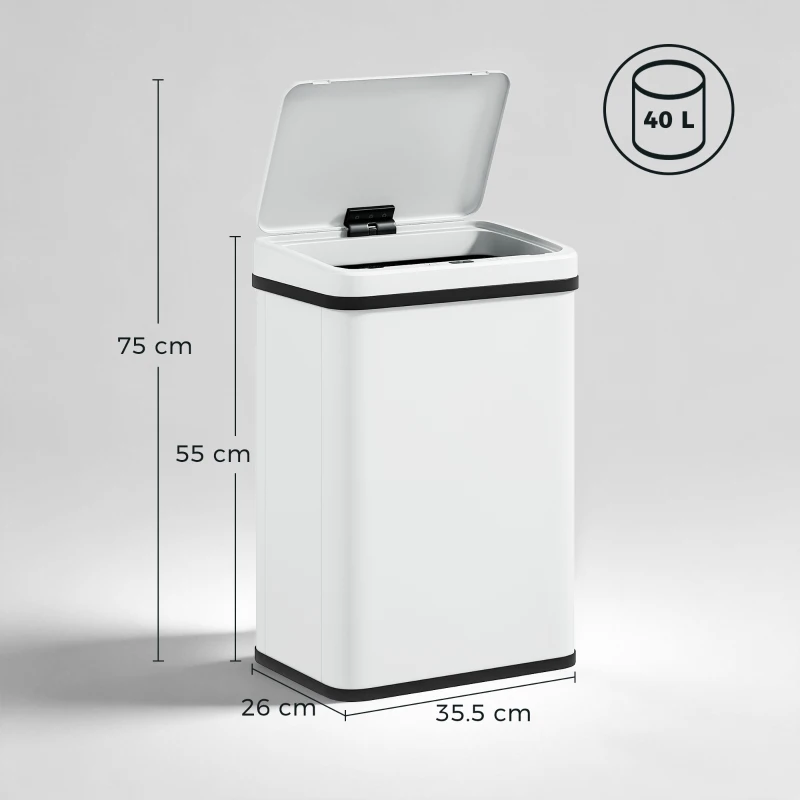 HOMCOM 40L Sensor Bin with Soft-Close Lid, Stainless Steel Automatic Touchless Motion Sensor Kitchen Bin, White