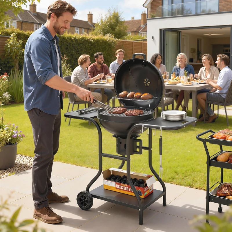 Outsunny Holzkohlegrill BBQ Smoker mit Seitentischen Deckel Thermometer Räder 129 x 63,5 x 106,5 cm