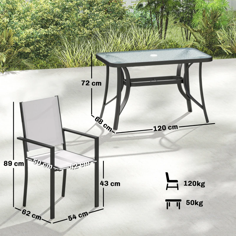Outsunny Set da Giardino 5pz con 4 Sedie Impilabili e Tavolo in Vetro Temperato con Foro per Ombrellone, Grigio Chiaro