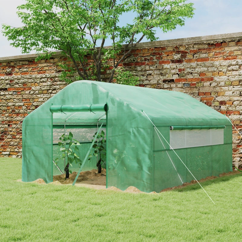 Outsunny Serre de jardin 4 x 3 x 2m avec portes enroulables et grandes fenêtres, serre tunnel de jardin, vert
