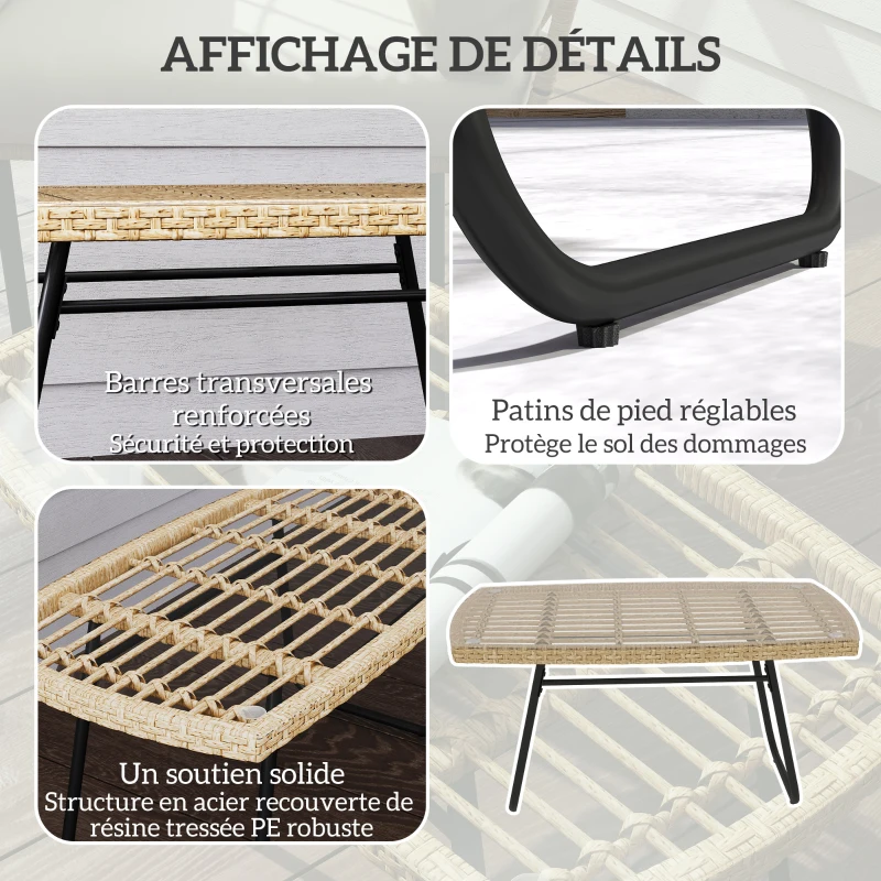 Outsunny Table d'appoint de jardin en résine tressée, 90x50x45cm, table basse de jardin avec plateau en verre trempé, naturel