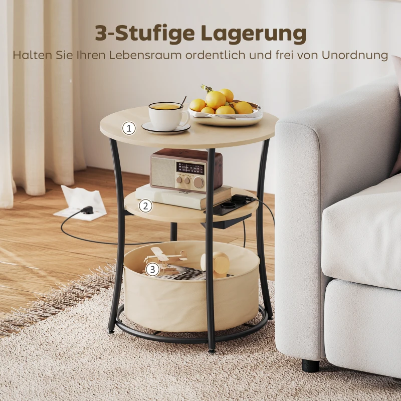 HOMCOM Beistelltisch 3-stufiger Couchtisch mit Ladestation, Stoff-Aufbewahrungstasche, Ablage, 50x50x55,1 cm Naturholz