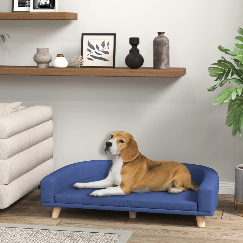 PawHut Canapé pour chien grand lit surélevé pour chien coussin lavable cadre en bois tissu polyester 98 x 67 x 25 cm bleu