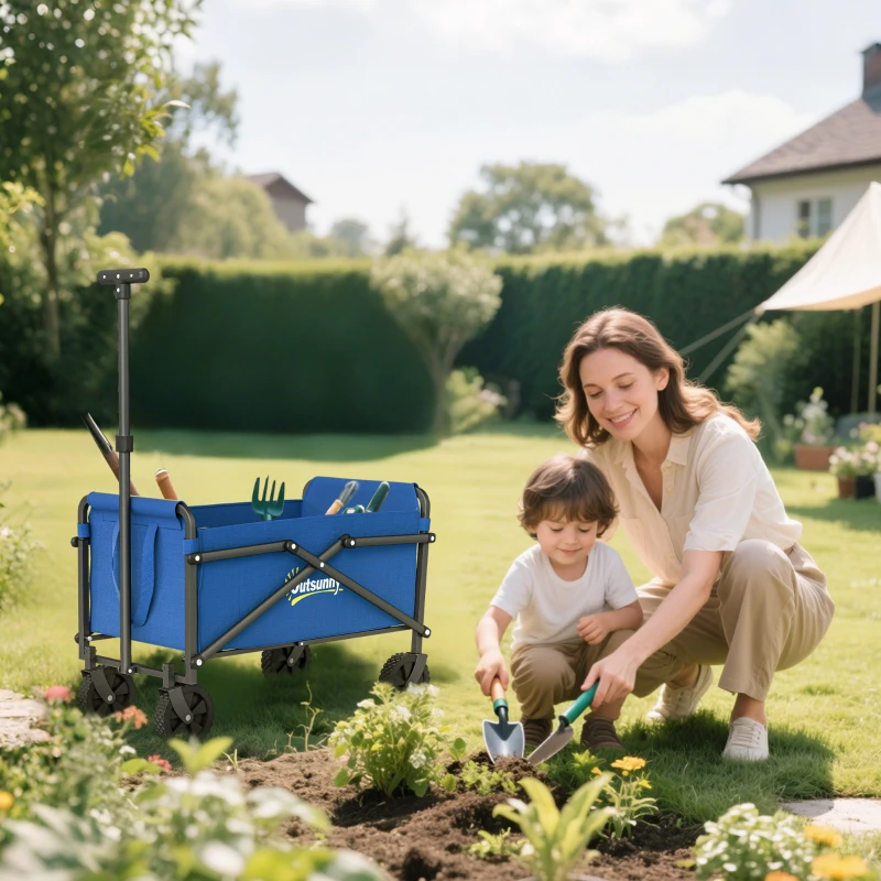 Outsunny 62L Festival Trolley on Wheels, Portable Small Folding Trolley Cart, 60kg Heavy Duty Collapsible Foldable Wagon with Adjustable Handle and Carrying Bag for Beach, Camping, Garden, Blue