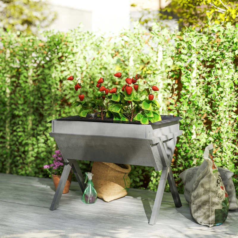 Outsunny Wooden Raised Garden Bed with Bed Liner, Elevated Planter Box with Legs, Light Grey
