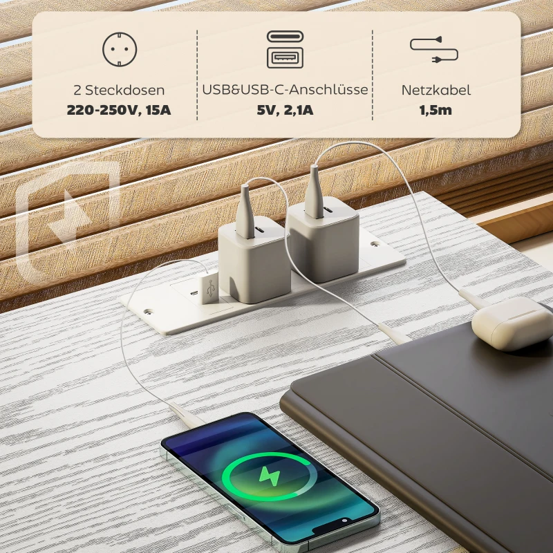 HOMCOM Schreibtisch Küchentisch mit 2 USB-Ladeanschlüssen 2 Steckdosen verstellbare Regale 3 Stoffschubladen 120x40x76 cm Weiß