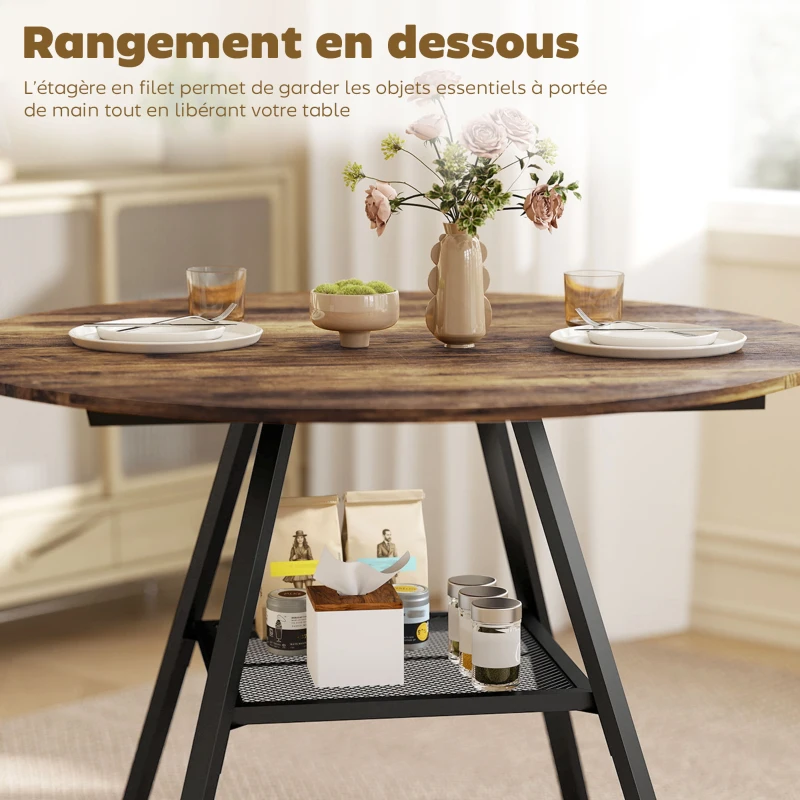 HOMCOM Table à manger ronde pour 4 personnes, Ø 100 x 76 cm, table de cuisine avec large plateau et étagère, brun rustique