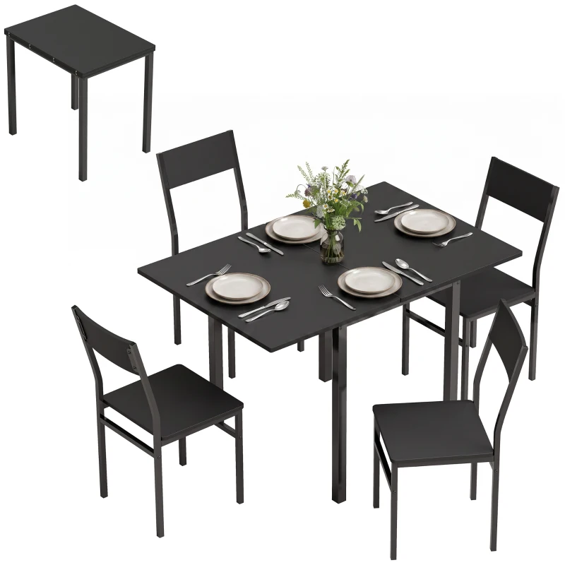 HOMCOM Esstisch-Set mit ausziehbarem Tisch und stapelbaren Stühlen, Schwarz