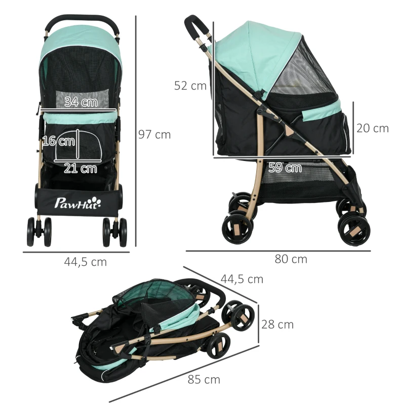 PawHut Passeggino per Cani Piccoli Pieghevole con Copertura Antipioggia, Cestino e Guinzaglio Integrato, Verde