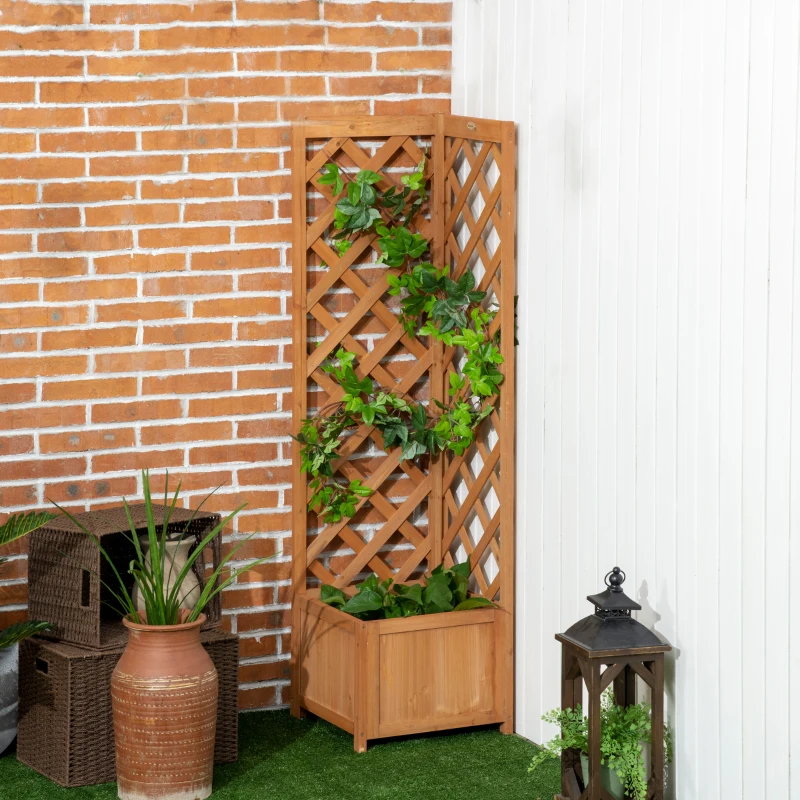 Outsunny Fioriera da Giardino in Legno di Abete Marrone con Grigliato per Rampicanti e Decorazioni, 40x40x145 cm