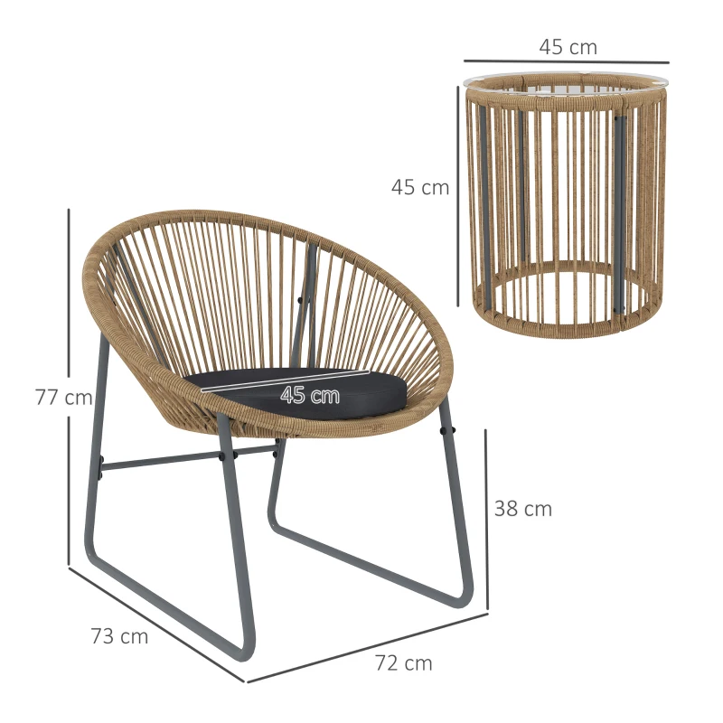 Outsunny Set da Giardino 3 Pezzi in Rattan e Acciaio con 2 Sedie con Cuscini e Tavolino da Caffè a Cilindro, Multicolore