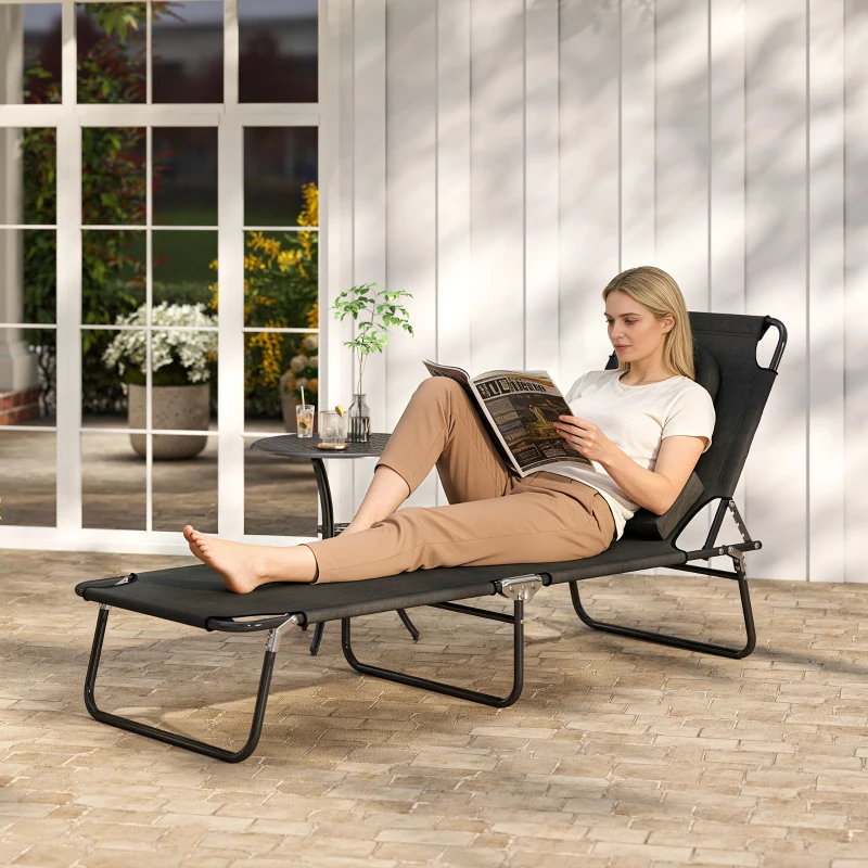 Outsunny Bain de Soleil Pliable transat inclinable 4 Positions Chaise Longue 3 Coussins fournis Noir
