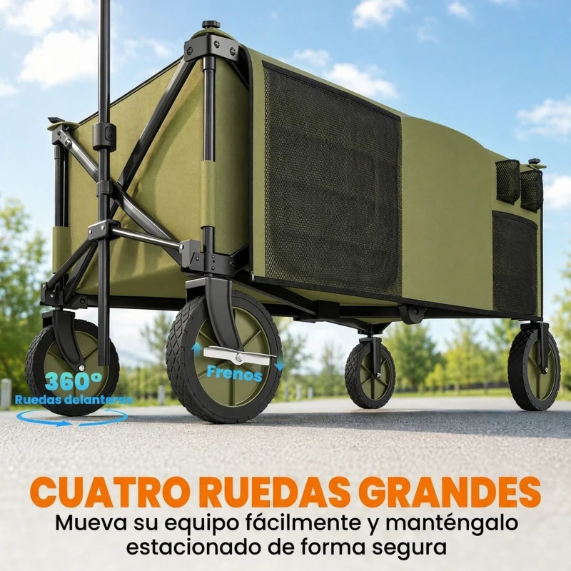 Outsunny Carro Plegable de Transporte con Mango Telescópico Tablero Plegable y 5 Bolsillos para Jardín 108x55x93 cm Verde