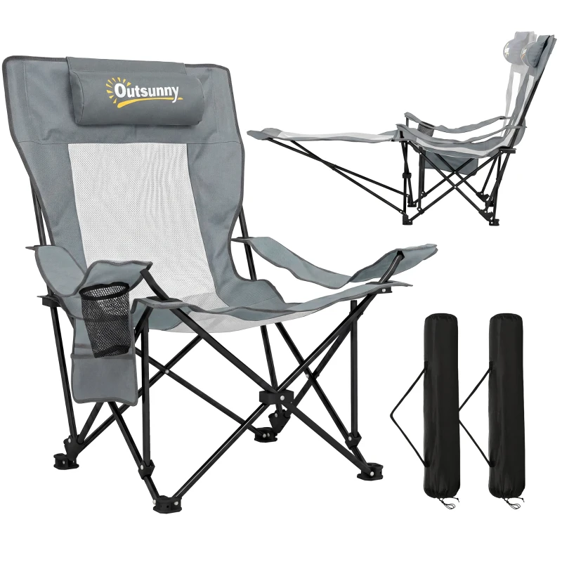 Outsunny Lot de 2 Chaises de Camping Pliante Inclinable 4 Positions, Repose-Pieds Amovible, Porte-Gobelet, 125x80x90cm, Gris