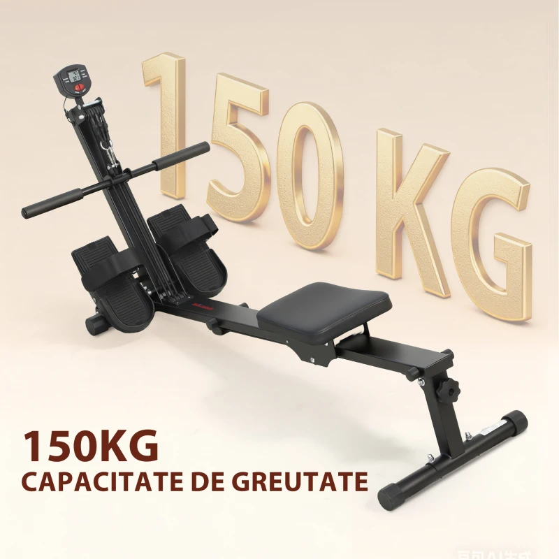 SPORTNOW Aparat de Vâslit pentru Acasă, Compact și Silențios, cu Rezistență Elastică, Monitor LCD, Scaun Confortabil, pentru Antrenament Total al Corpului, Capacitate 150 kg, Economisire Spațiu, Negru