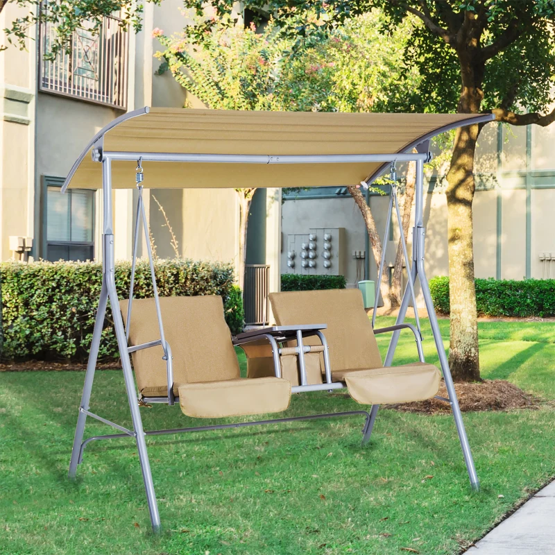 Outsunny Dondolo da Giardino 2 Posti Separati con Tavolino e Tetto Regolabile, in Metallo 175x112x165cm Beige