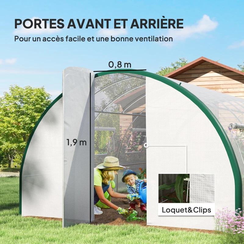 Outsunny Serre tunnel de jardin 18m², serre de jardin tunnel avec portes et 8 fenêtres, bâche PE 140g/m² 600 x 300 x 200 cm blanc