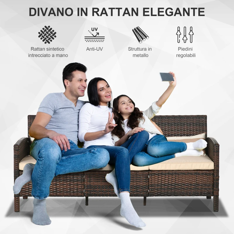 Outsunny Divano 3 Posti da Esterno in Rattan PE con Cuscini Imbottiti e Sfoderabili, 173x68x78 cm, Marrone