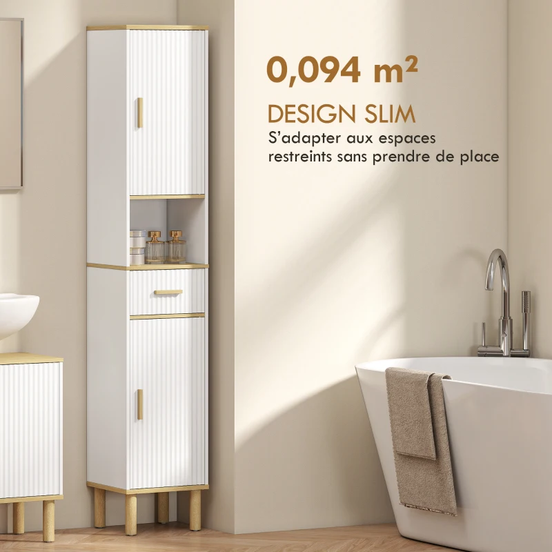 HOMCOM Meuble colonne salle de bain, meuble de rangement étroit avec 2 portes, tiroir, compartiment ouvert, blanc