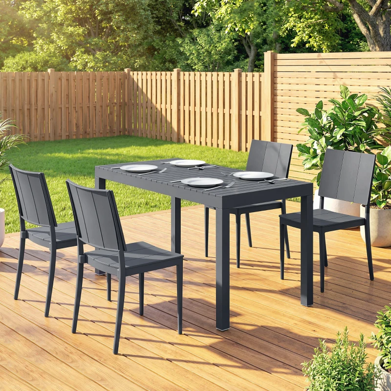 Outsunny Conjunto de Mesa y Sillas Jardín con Mesa de Tablero Ranurado y 4 Sillas Apilables para Terraza Patio Gris