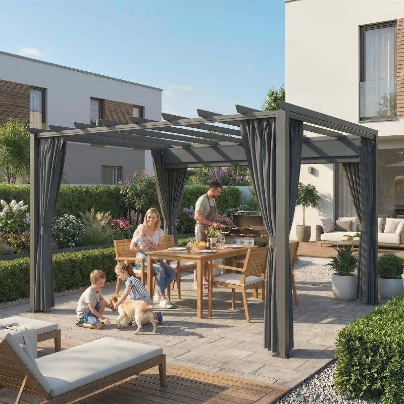 Outsunny Pergola ca. 3,6x3 m Garten Pavillon Terrassenüberdachung aus Aluminium Gartenpavillon mit verstellbares Dach Dunkelgrau
