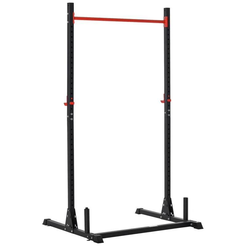 HOMCOM Squat Rack Réglable 32 Niveaux en Acier, Crochet, Barre de Traction, Base Antidérapante, 117,5x122x226cm, Noir