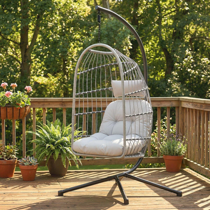 Outsunny Hanging Egg Chair, Indoor Outdoor Hammock Swing Chair with Stand, Safety Strap, Foldable Basket, Light Grey