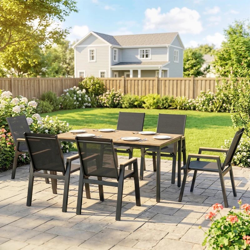 Outsunny Conjunto de Mesa y Sillas Jardín con Mesa con Tablero de Listones y 6 Sillas Transpirables para Terraza Patio Negro