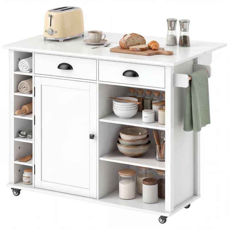 HOMCOM Isla de Cocina con Ruedas Tapa Abatible Estantes en la Puerta Toallero Armario 2 Cajones 117,5x70x91 cm Blanco