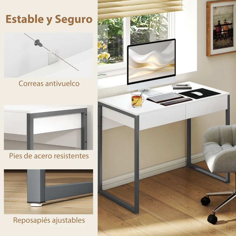 HOMCOM Escritorio con 2 Cajones 100x50x75 cm Mesa de Ordenador Patas de Acero para Casa Espacios Pequeños Blanco Brillante