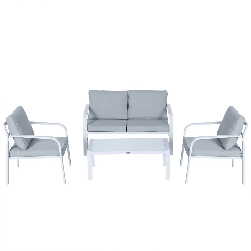 Outsunny Ensemble Salon de Jardin 4 Personnes - canapé 2 Places 2 fauteuils Table Basse - Coussins déperlants déhoussables Gris - Structure alu. Blanc