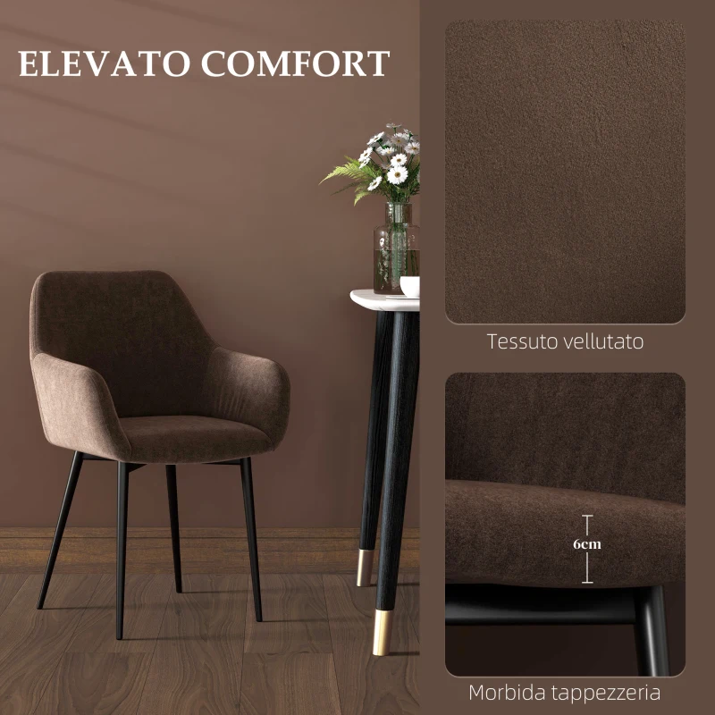 HOMCOM Set 2 Sedie da Pranzo Nordiche Imbottite con Braccioli Ricurvi in Tessuto Effetto Velluto, 54x57x80 cm, Marrone
