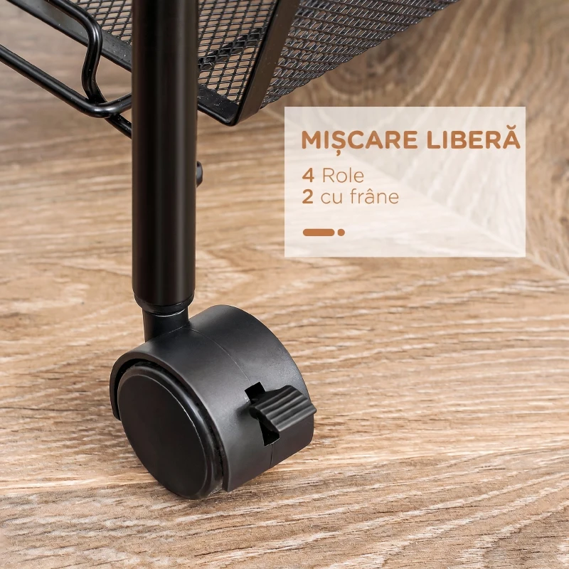 HOMCOM Carucior utilitar cu 4 niveluri, carucior de servire rulant cu cosuri de plasa detasabile, pentru sufragerie si bucatarie, spalatorie, garaj si baie, negru