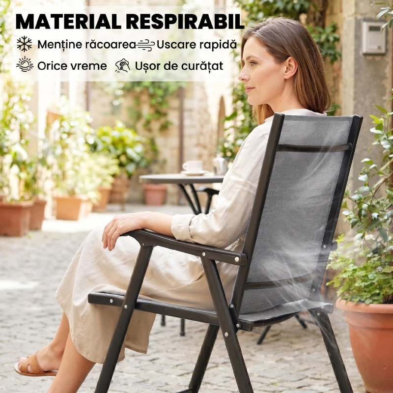 Outsunny Set de 2 Scaune de Grădină Pliabile cu Cotiere, Gri Deschis