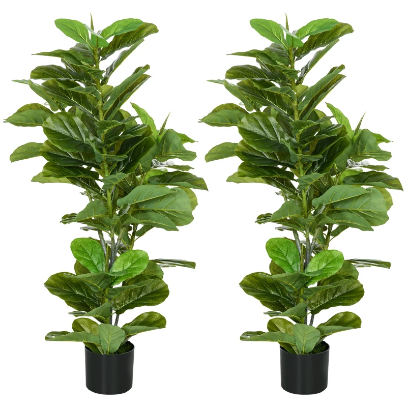 HOMCOM Pack de 2 Ficus Artificiales 110 cm Plantas Artificiales con 90 Hojas Musgo y Maceta para Interior Verde