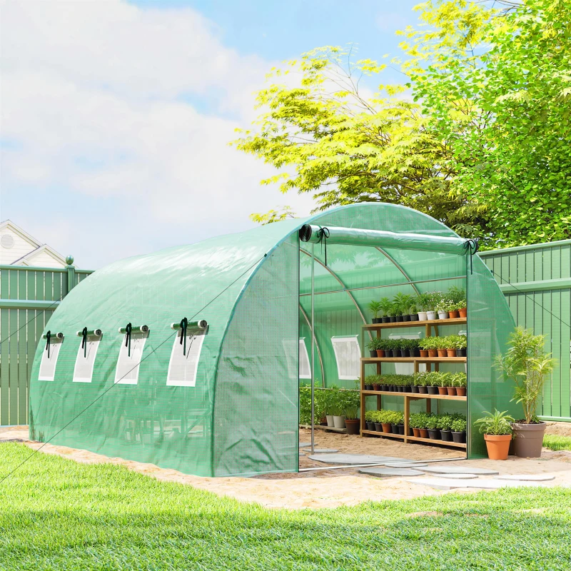 Outsunny Serre tunnel de jardin 12m², serre de jardin tunnel 295x400x200cm 2 portes et 8 fenêtres bâche PE 140 g/m² vert