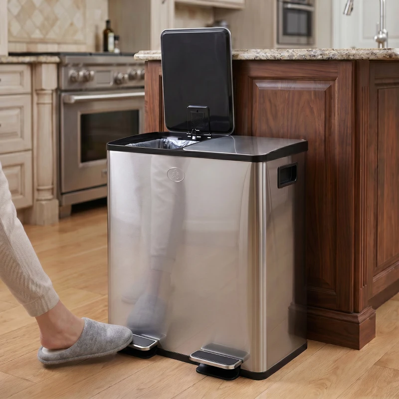 HOMCOM 40L Dual Compartment Stainless Steel Bin, with Deodoriser Holders - Silver Tone