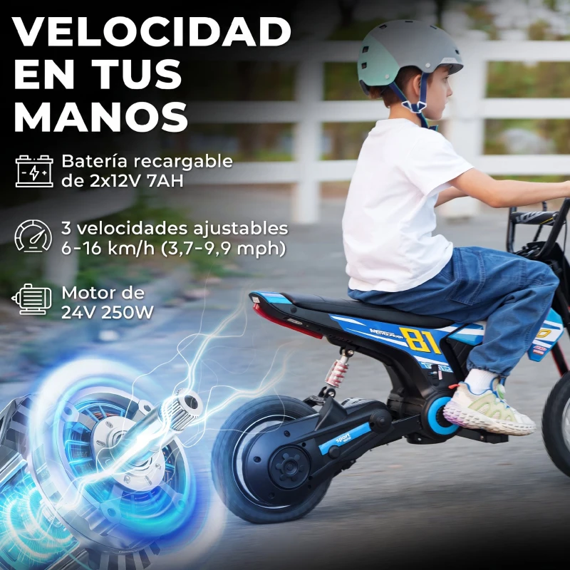 AIYAPLAY Moto Eléctrica para Niños 24V con Motor 250W Velocidad de 6-16km/h Ruedas de 12'' para Niños de 8-12 Años Azul
