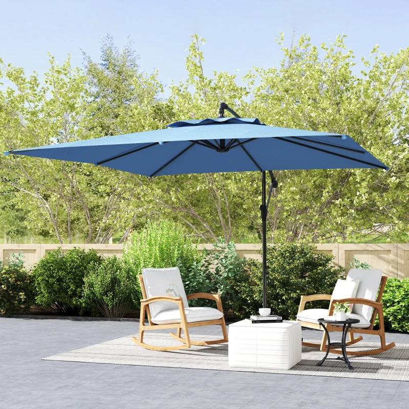 Outsunny Parasol déporté carré 3 x 3 m avec manivelle, base croisée, parasol inclinable et rotation à 360°, toile 180 g/m² bleu