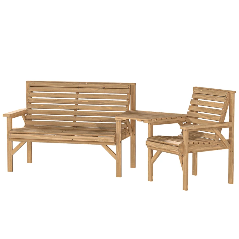 Outsunny Gartenstühle 3er-Set, Balkonmöbel Set mit Sonnenschirmloch, Gartenstuhl, Bank, abnehmbarem Tisch 121x65x90 cm Naturholz