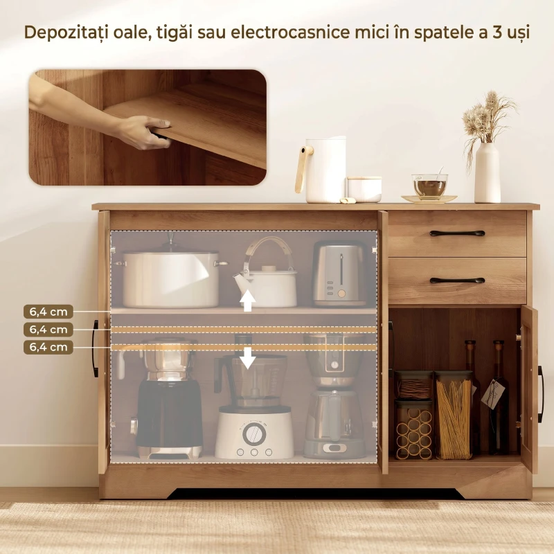 HOMCOM Dulap de Bucătărie cu 2 Sertare și 3 Dulapuri, Rafturi Ajustabile, 120x38x79 cm, Stejar