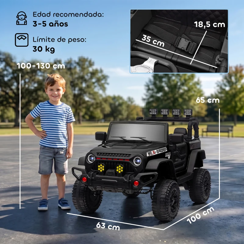 AIYAPLAY Coche Eléctrico para Niños de +3 Años con Batería 12V Mando a Distancia Faros LED Bocina Música Negro