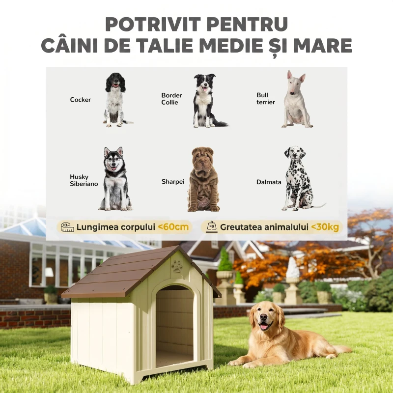 PawHut Căsuță pentru Câini de Exterior, Talie Medie și Mare, Căsuță din Plastic Impermeabilă cu Bază Ridicată, Ferestre și Acoperiș Înclinat pentru Grădină, Balcon, Terasă, 88x78x89 cm, Bej