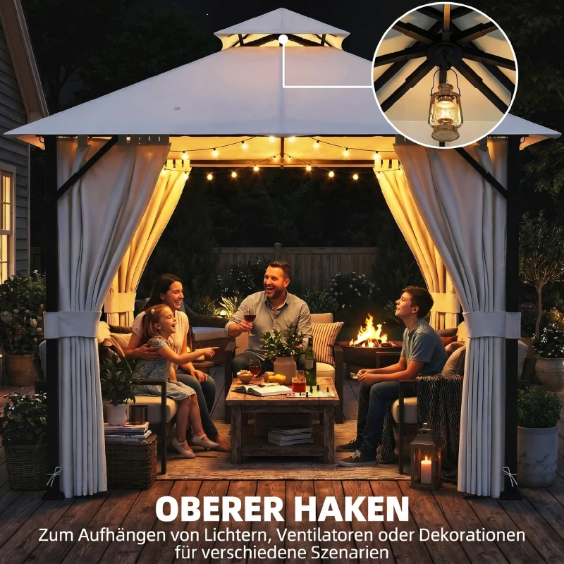 Outsunny Tonnelle de jardin extérieur 3x3m pavillon de jardin, toit double, rideaux, crochets de plafond, cadre en métal, crème