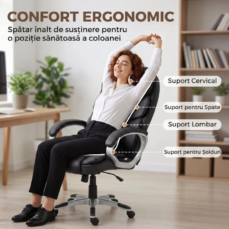 HOMCOM Scaun de Birou Ergonomic Rotativ din Piele PU, Funcție Legănare, Înălțime Reglabilă, Capacitate 120kg, Negru