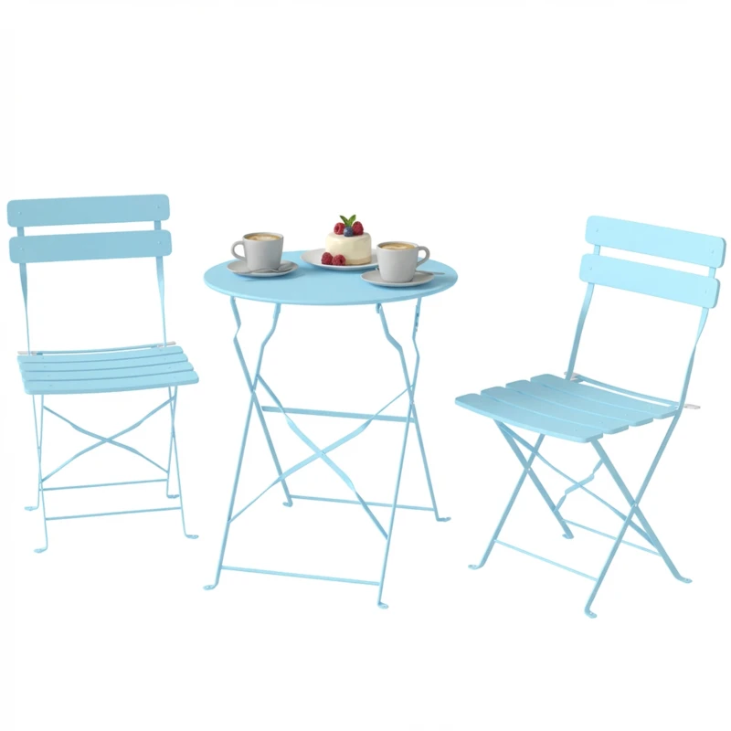 Outsunny 3-teiliges Garten Bistro Set Klappbar Bistrotisch mit 2 Stühlen Lamellen-Sitz Doppelt X-Beine Hellblau