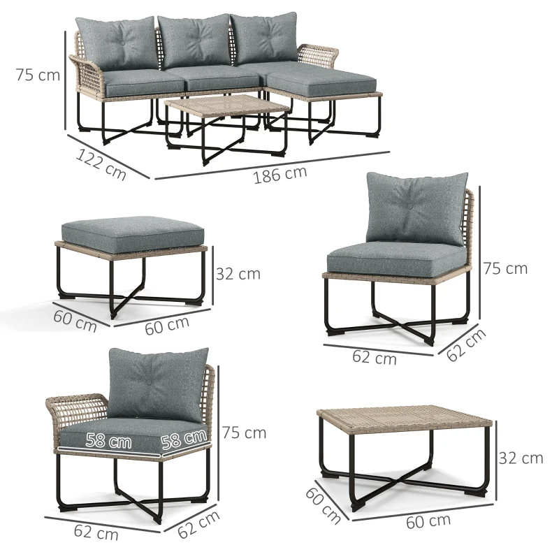 Outsunny Conjunto de Jardín de Ratán Sintético con Sofá de Exterior de 4 Módulos y 1 Mesa de Centro y Cojines Gris