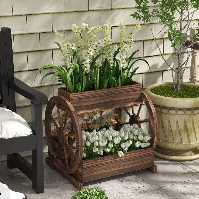Outsunny Fioriera in Legno da Esterno a 2 Livelli con 3 Vasi e Ruote di Carro Stile Country, 64x54x60cm
