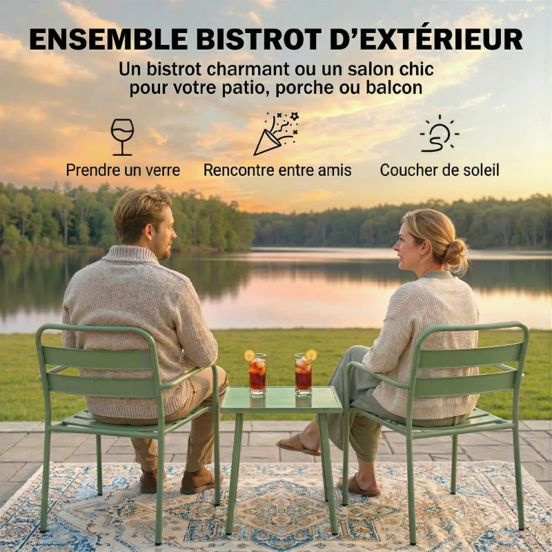 Outsunny Ensemble bistrot de jardin 3 pièces - table basse en verre trempé et 2 chaises à lattes, cadre en acier galvanisé, vert